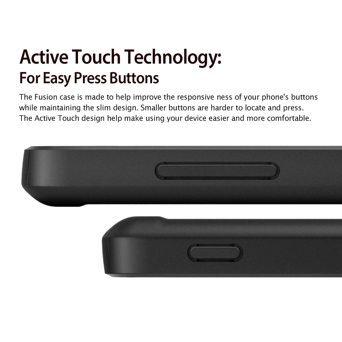 Google Nexus 5 Case | Fusion - Black - Close-up of two black phone case edges highlighting responsive button design.