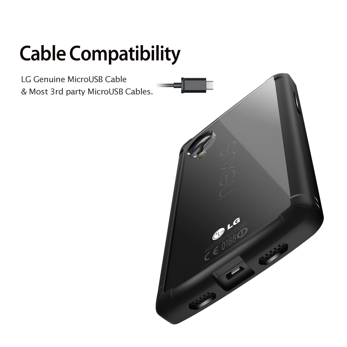 Google Nexus 5 Case | Fusion - Black - Black case on a Nexus 5 showing the charging port and cable compatibility.