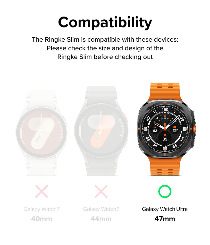 Galaxy Watch Ultra | Slim & Glass - Compatibility chart showing Galaxy Watch Ultra 47mm as the only compatible device.