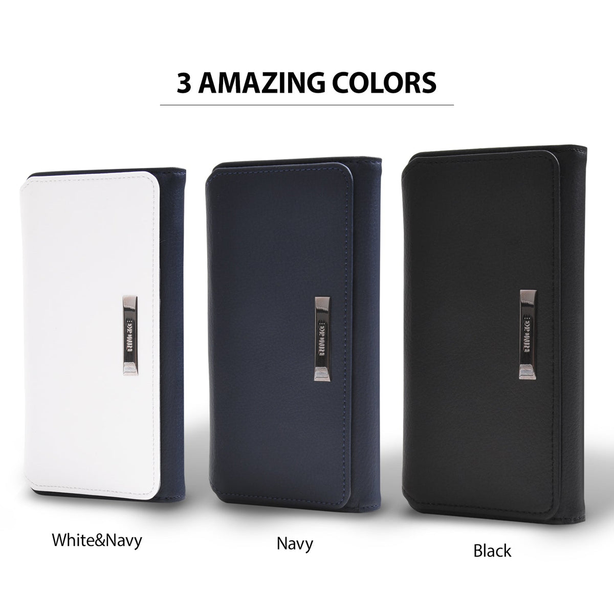 iPhone 8 / 7 / SE 2020 / SE 2022 Case | Wallet - Three wallet phone cases in white/navy, navy, and black with metal logos.