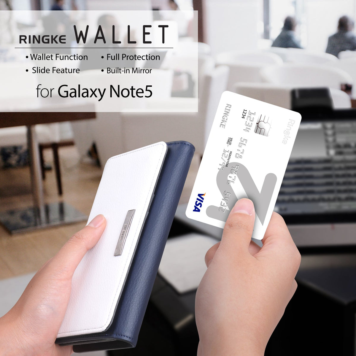 Galaxy Note 5 Case | Wallet - Hands holding a white and blue wallet phone case and a credit card in a blurred office setting.
