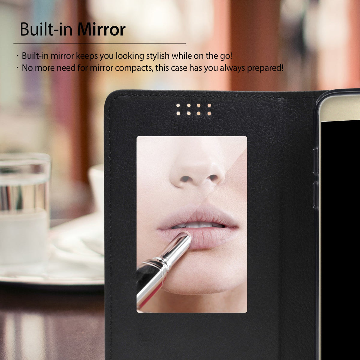 Galaxy Note 5 Case | Wallet - Black leather phone case with a built-in mirror showing a woman applying lipstick.
