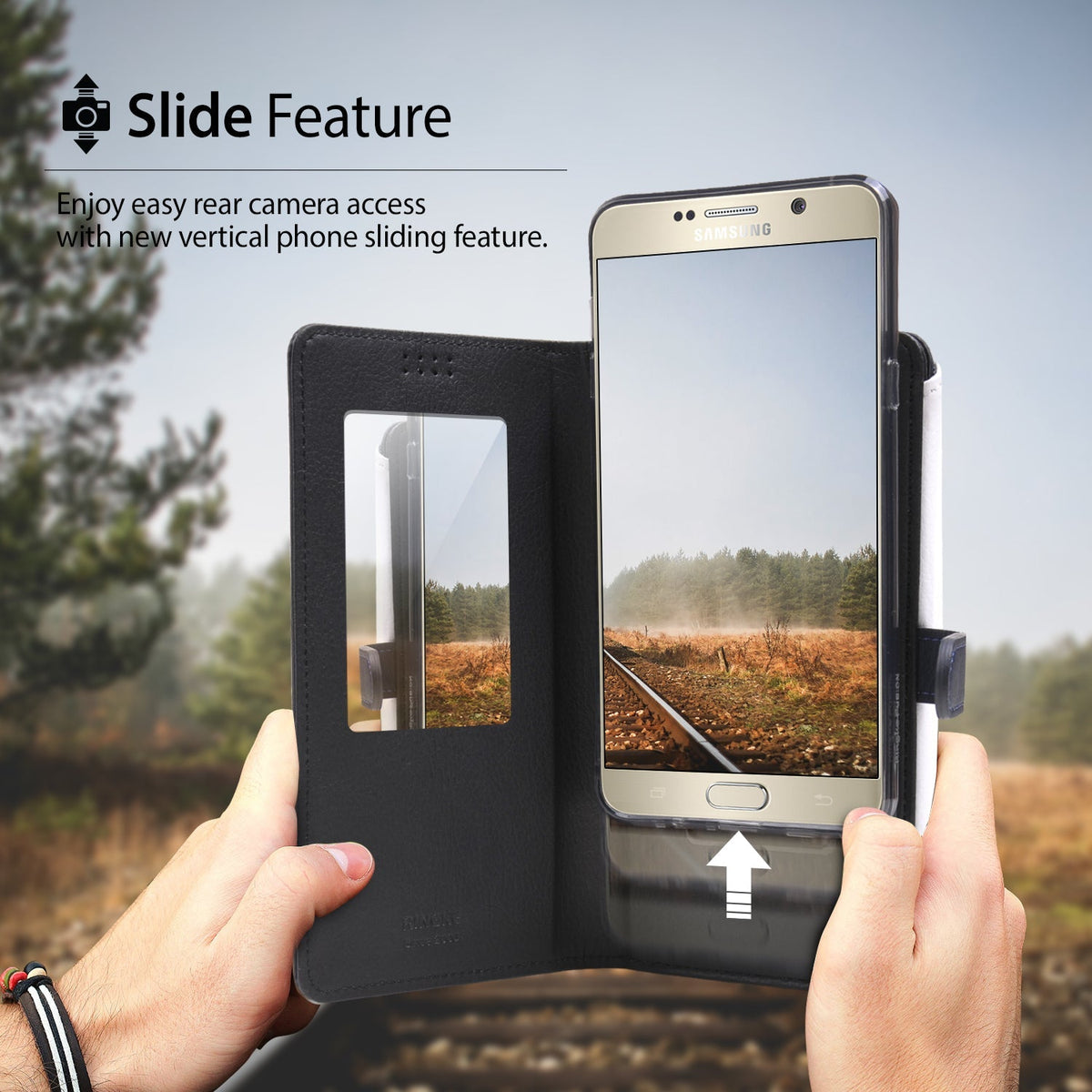 Galaxy Note 5 Case | Wallet - Hands sliding a phone upward in a black wallet case to expose the rear camera.