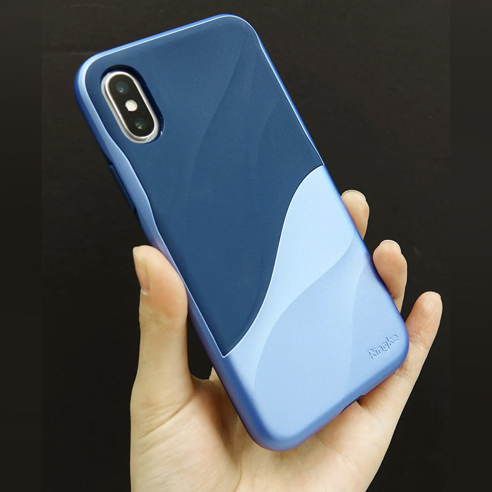 iPhone X Case | Wave - Hand holding a blue iPhone X case featuring a two-tone wavy design and Ringke branding.