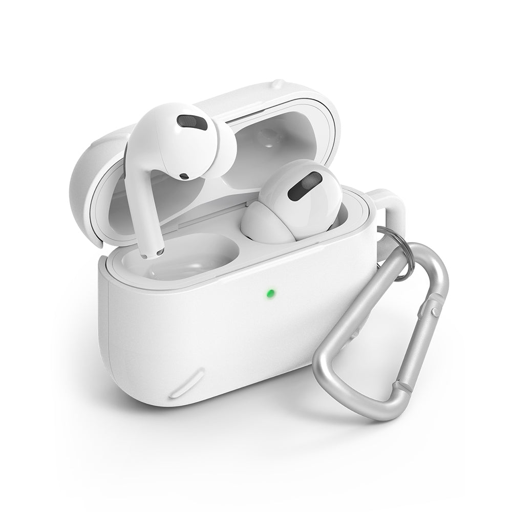 AirPods Pro Case - White - Open white protective case holding AirPods Pro earbuds with a silver carabiner attached.