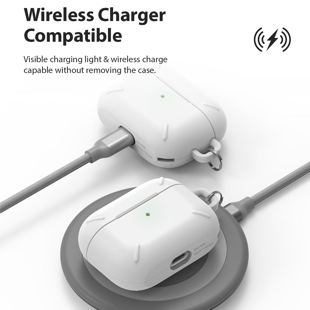 AirPods Pro Case - White - White AirPods Pro case being charged by a cable and a wireless charging pad.