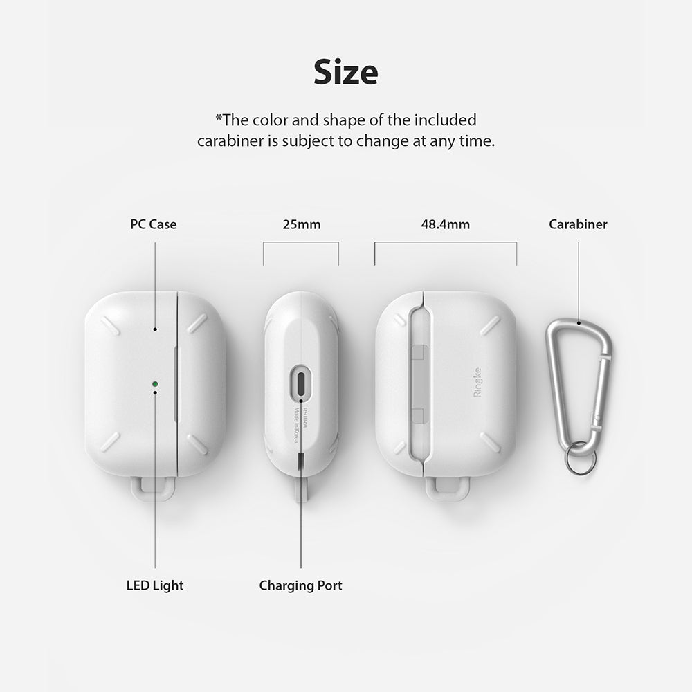 AirPods Pro Case - White - Diagram showing dimensions and components of a white AirPods Pro case with a metal carabiner.