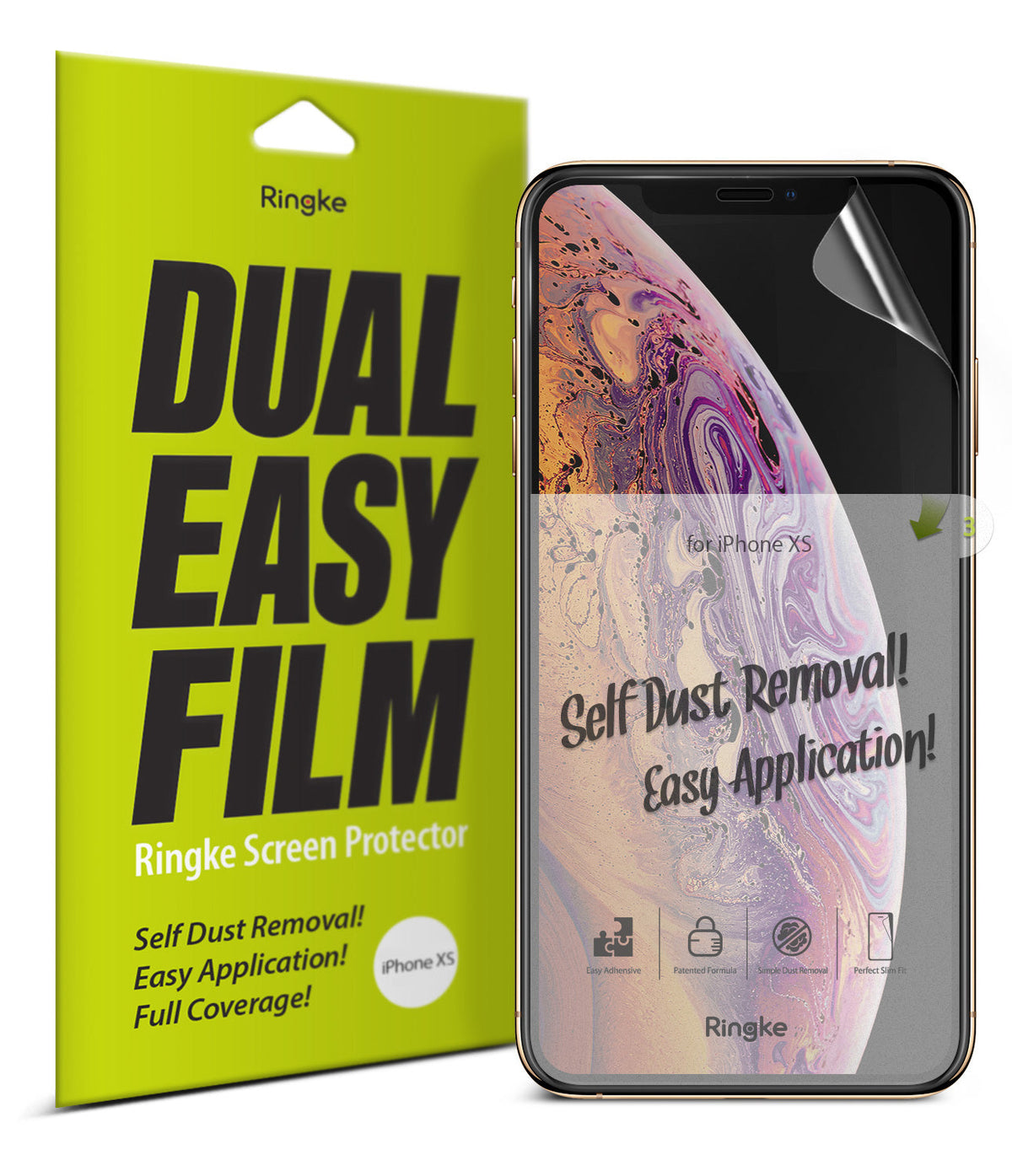 iPhone XS Screen Protector | Dual Easy Film - Ringke screen protector packaging next to an iPhone XS with film.