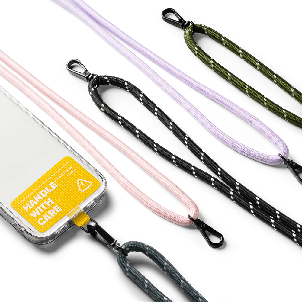 Holder Link Strap | Tarpaulin Yellow - Phone case with yellow Handle With Care label and various colorful rope lanyards.