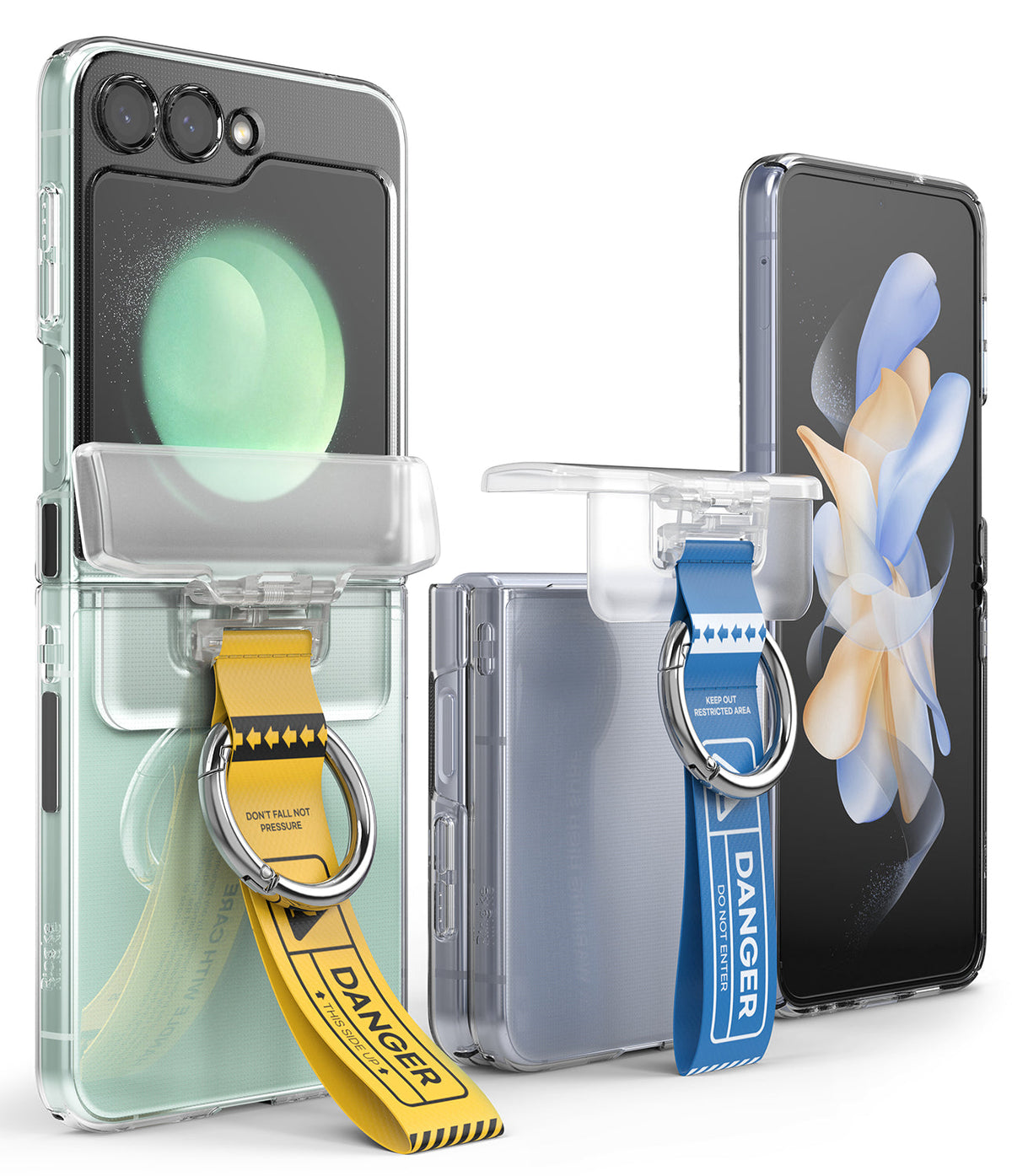 Galaxy Z Flip 7 FE / 6 / 5 / 4 / 3 | Hinge Cover Tarpaulin - Galaxy Z Flip 7 FE / 6 / 5 / 4 / 3 | Two clear phone cases with hinge covers and yellow or blue danger-themed ring straps.