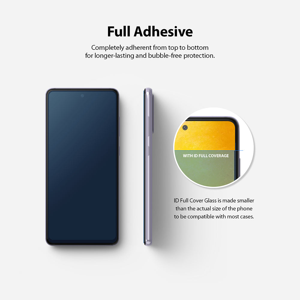 Galaxy A72 Screen Protector | Invisible Defender - Galaxy A72 Screen Protector - Phone with full adhesive screen protector and a zoomed-in view showing case compatibility.