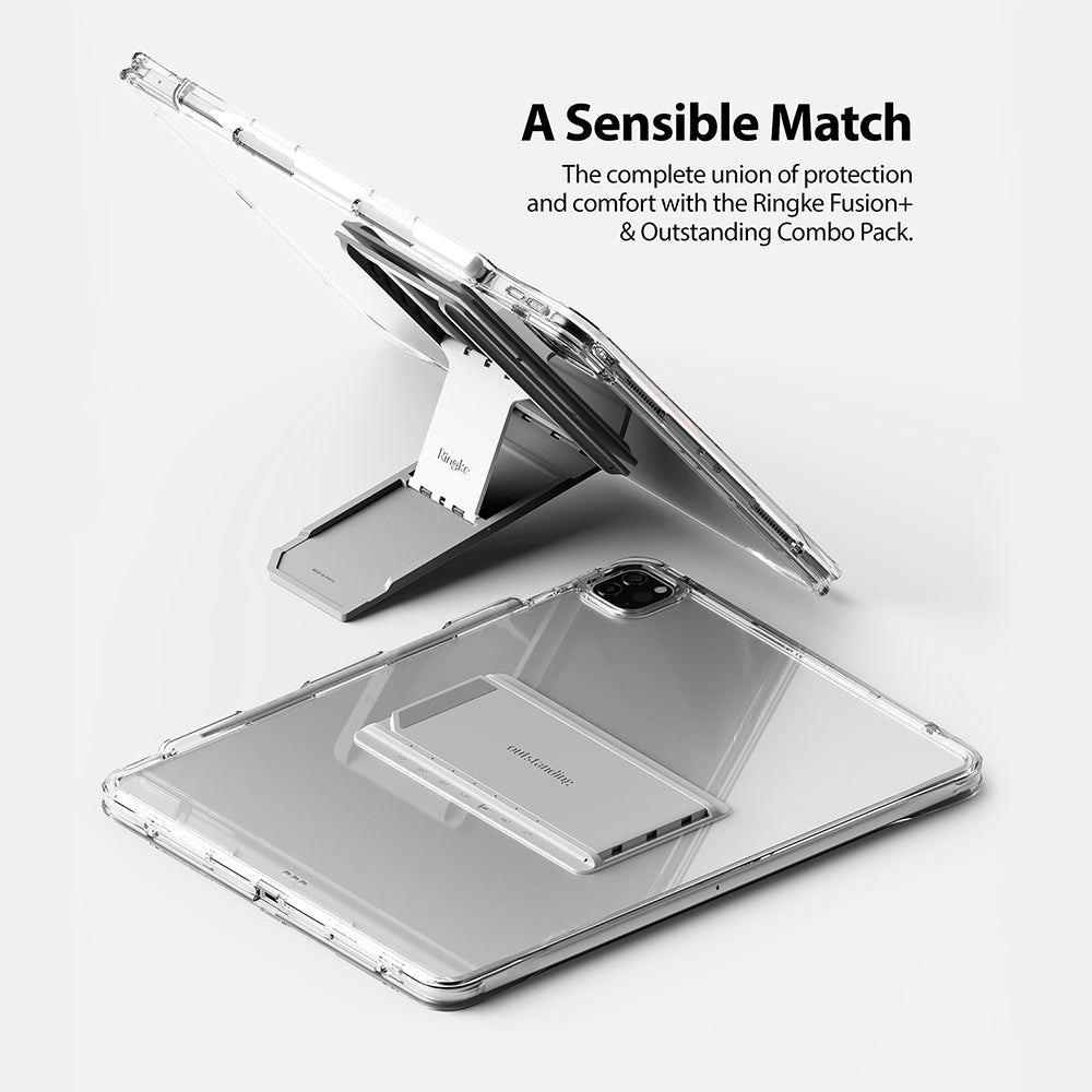 Fusion Plus + Outstanding | iPad - Clear iPad case with a foldable silver kickstand shown propped up and lying flat.