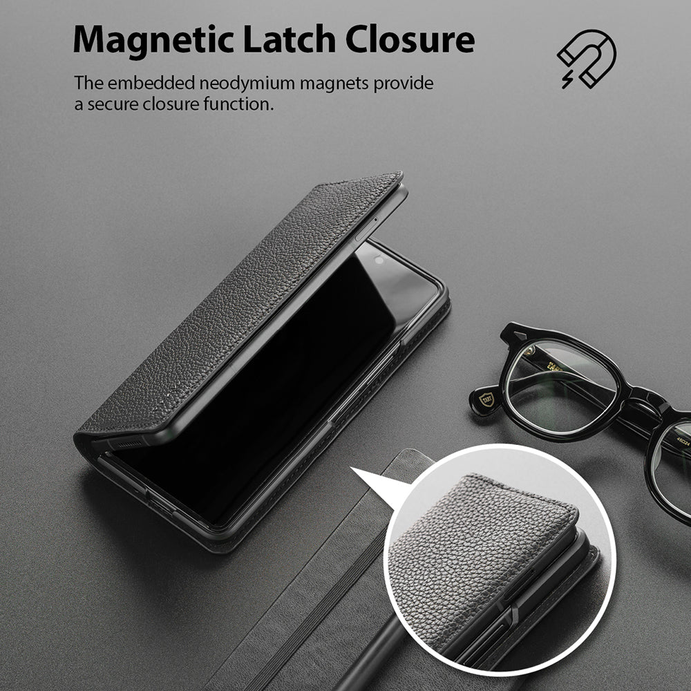 Galaxy Z Fold 3 Case | Folio Signature EZ Strap - Black leather folio case for Galaxy Z Fold 3 with magnetic latch.