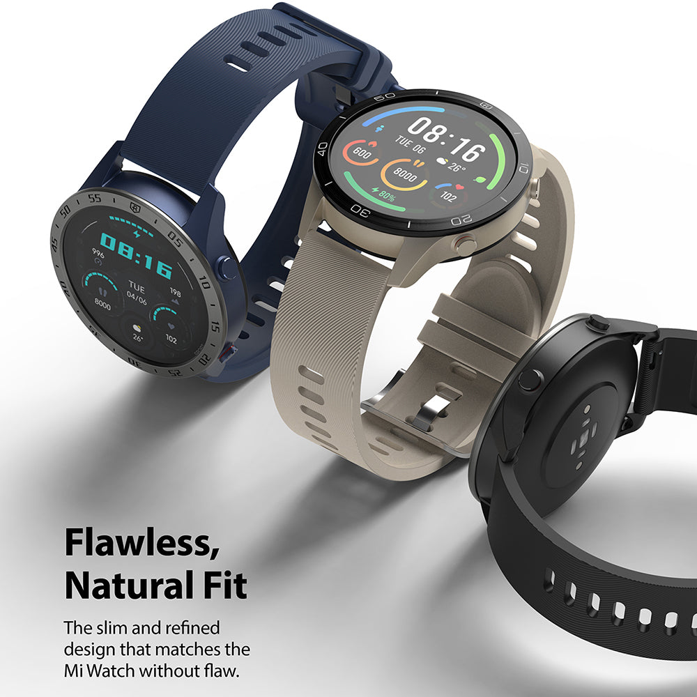 Xiaomi Mi Watch 46mm | Bezel Styling 46-01 - Three Xiaomi smartwatches with blue, beige, and black bands on a white background.