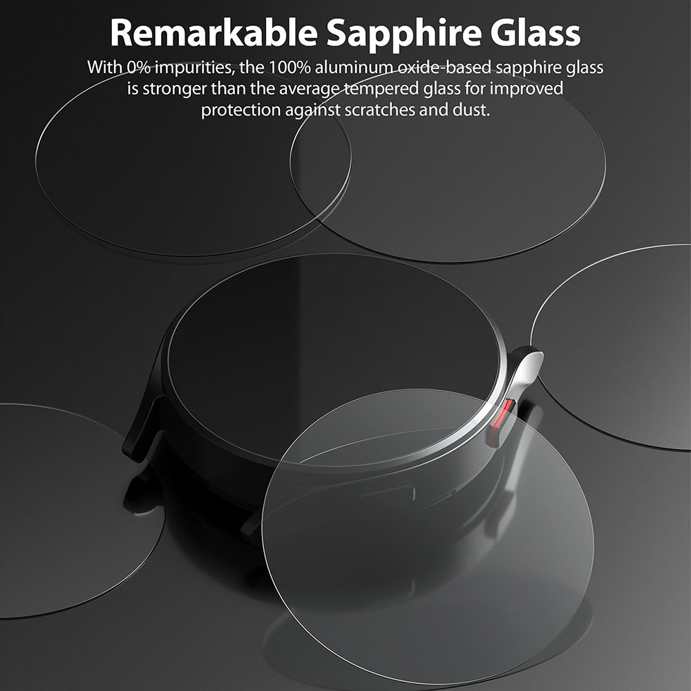 Galaxy Watch 5 / 4 (40mm) Screen Protector | Sapphire Crystal Glass - Galaxy Watch 5 / 4 (40mm) Screen Protector - Sapphire glass screen protectors floating above a black smartwatch.