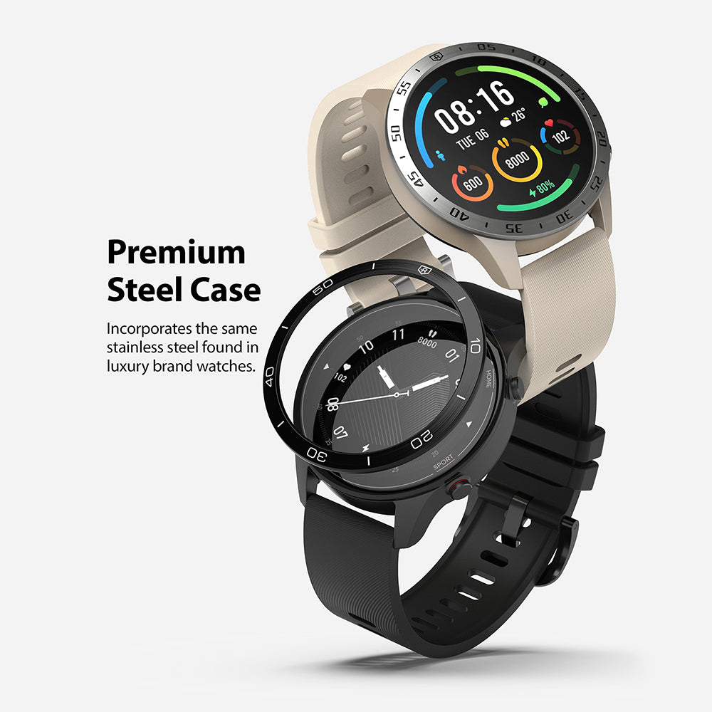 Xiaomi Mi Watch 46mm | Bezel Styling 46-01 - Two smartwatches with stainless steel bezels, one beige and one black.