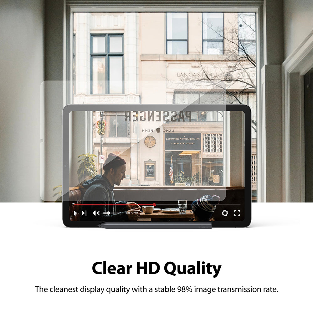 Xiaomi Pad 5 / 5 Pro Screen Protector | Invisible Defender Glass - Xiaomi Pad 5 / 5 Pro Screen Protector - Transparent glass overlay on a tablet displaying a video in a bright room.