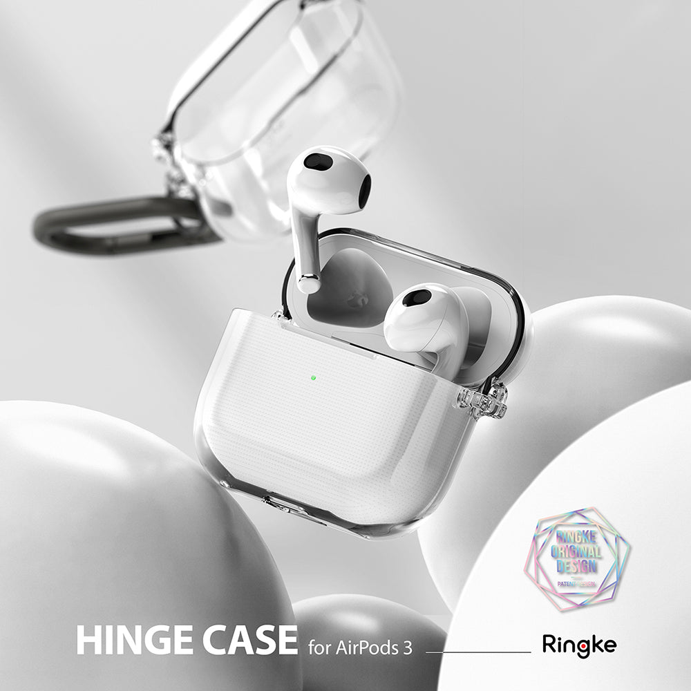 AirPods 3 Case | Hinge - Clear protective case for AirPods 3 with a hinge design, shown open with white earbuds inside.