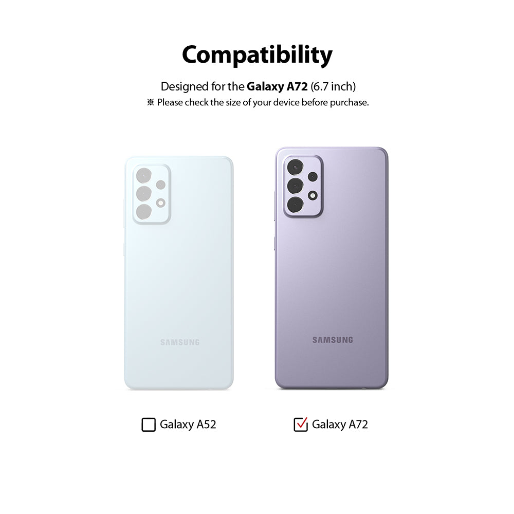 Galaxy A72 Screen Protector | Invisible Defender - Galaxy A72 Screen Protector - Compatibility chart showing a light blue Galaxy A52 and a purple Galaxy A72 smartphone.