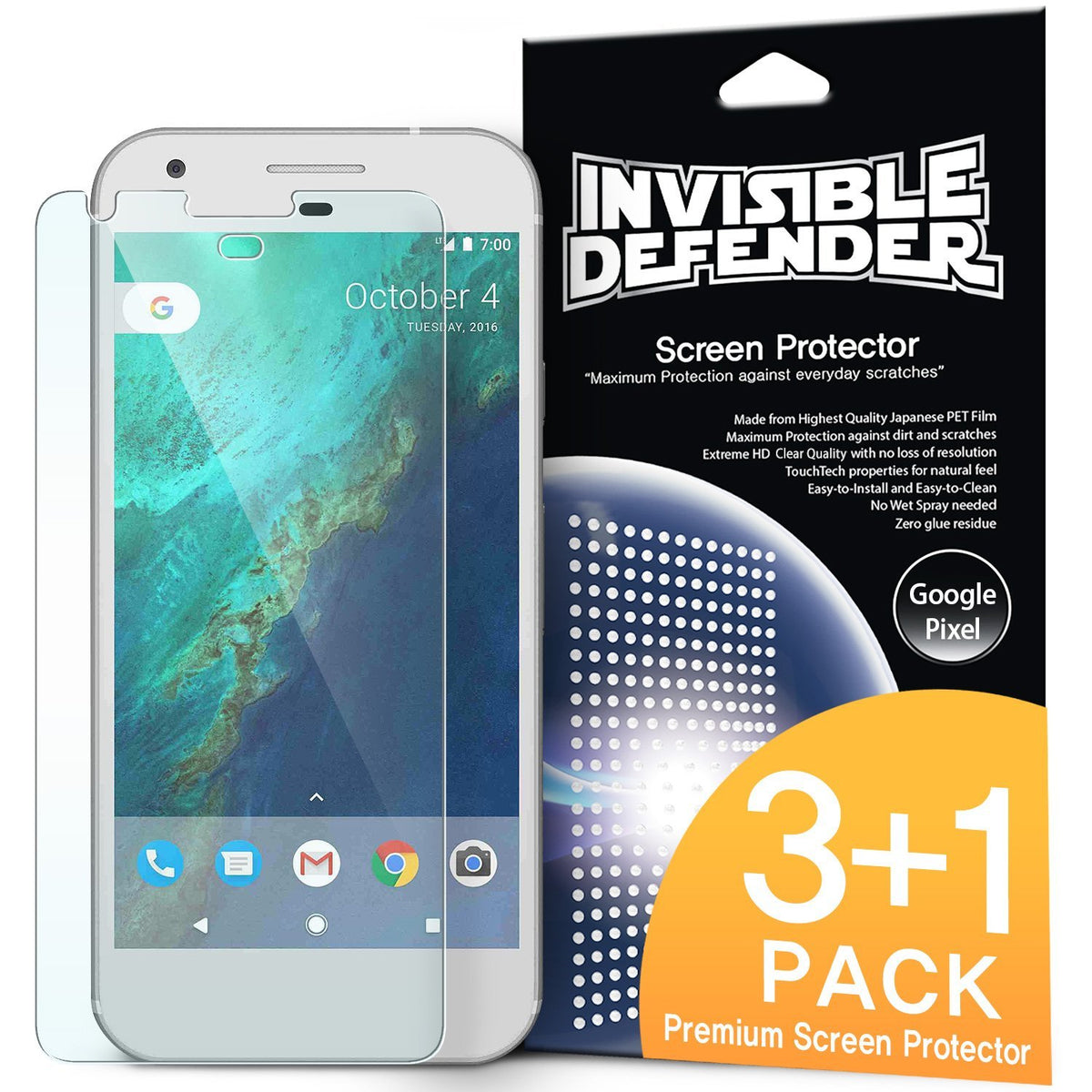Google Pixel Screen Protector | Film (4P) - Transparent screen protector film next to its black and orange packaging.