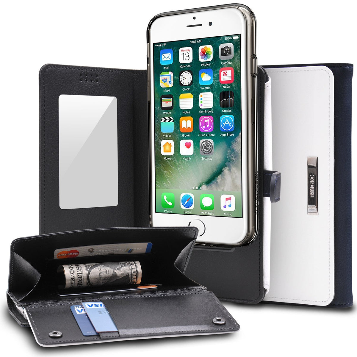 iPhone 8 / 7 / SE 2020 / SE 2022 Case | Wallet - Black and white wallet case with phone, card slots, and cash.
