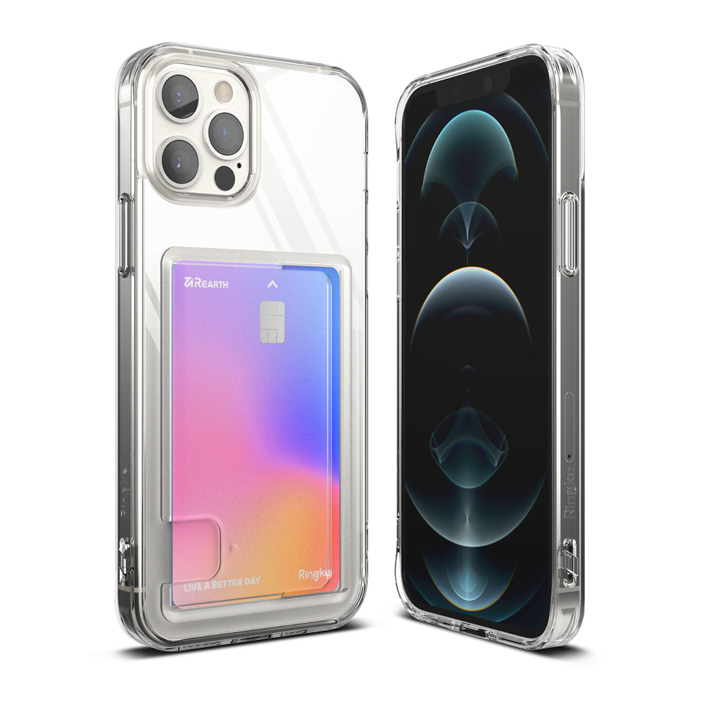 iPhone 12 Pro Max Case | Fusion Card - Clear phone case with a rear card slot holding a gradient-colored credit card.