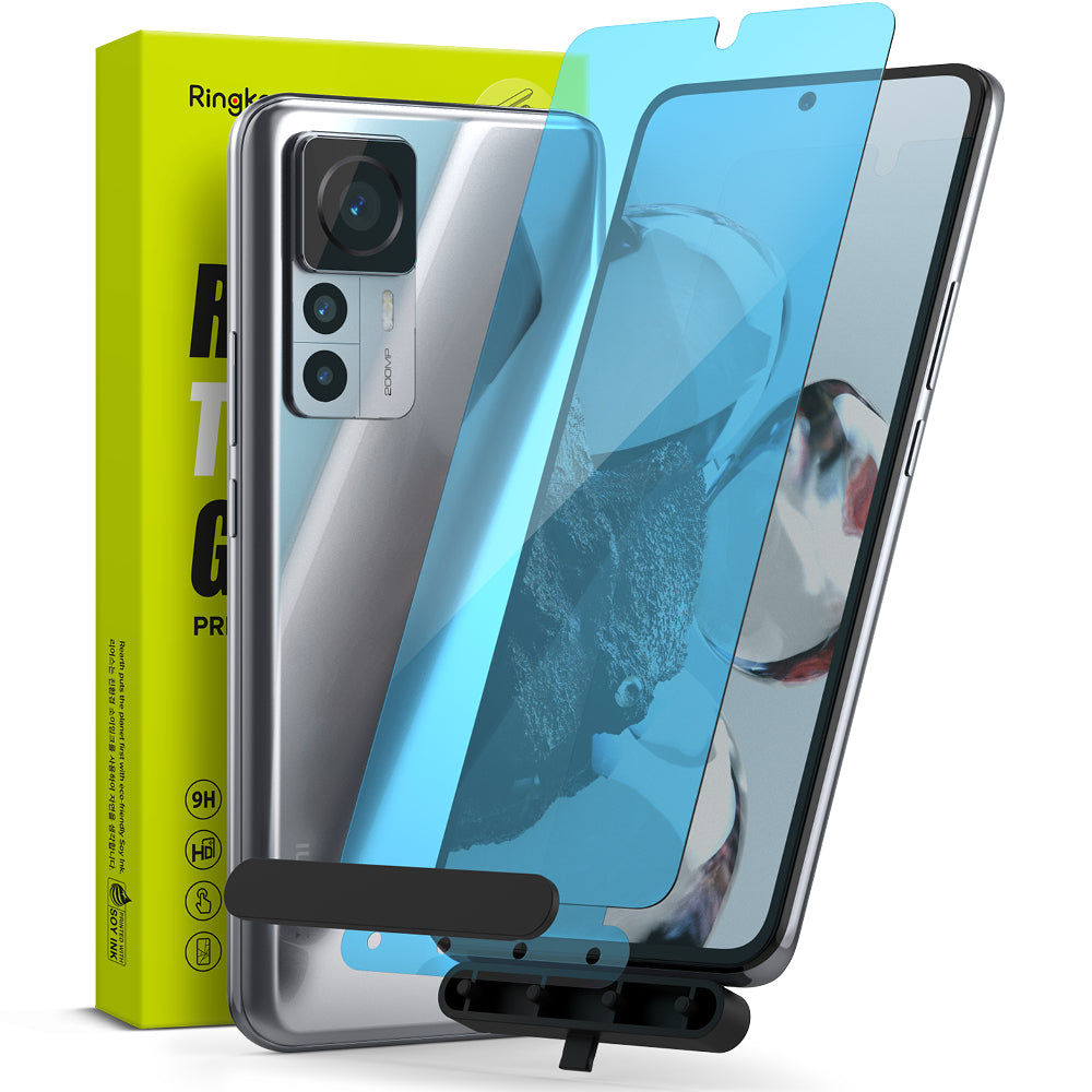 Xiaomi 12T / 12T Pro Screen Protector | Full Cover Glass - Xiaomi 12T / 12T Pro Screen Protector - Glass screen protector being applied to a silver smartphone with a yellow box.