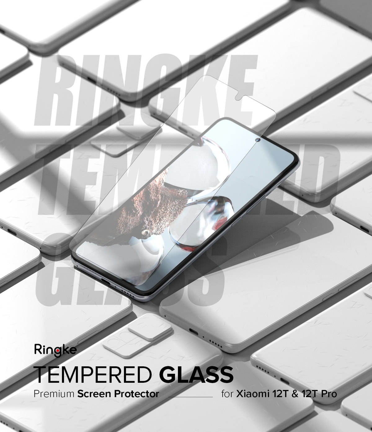 Xiaomi 12T / 12T Pro Screen Protector | Full Cover Glass - Xiaomi 12T / 12T Pro Screen Protector - Tempered glass screen protector hovering over a Xiaomi smartphone on a grid.