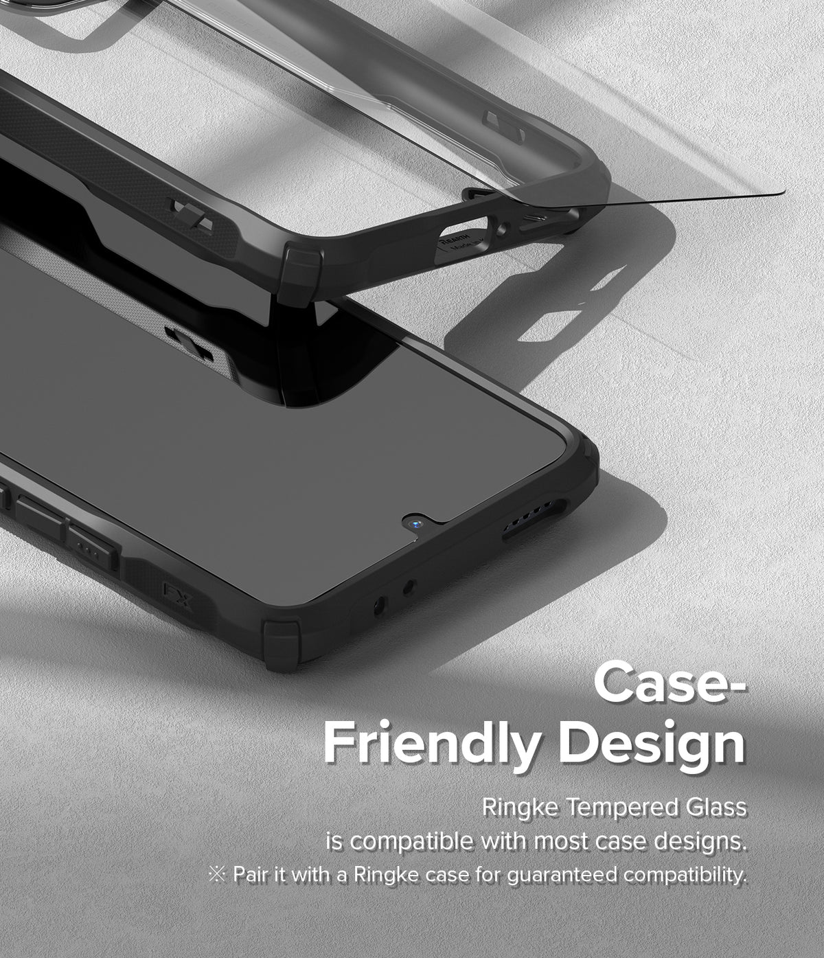 Xiaomi 12T / 12T Pro Screen Protector | Full Cover Glass - Xiaomi 12T / 12T Pro Screen Protector - Tempered glass screen protector hovering above a phone inside a protective case.