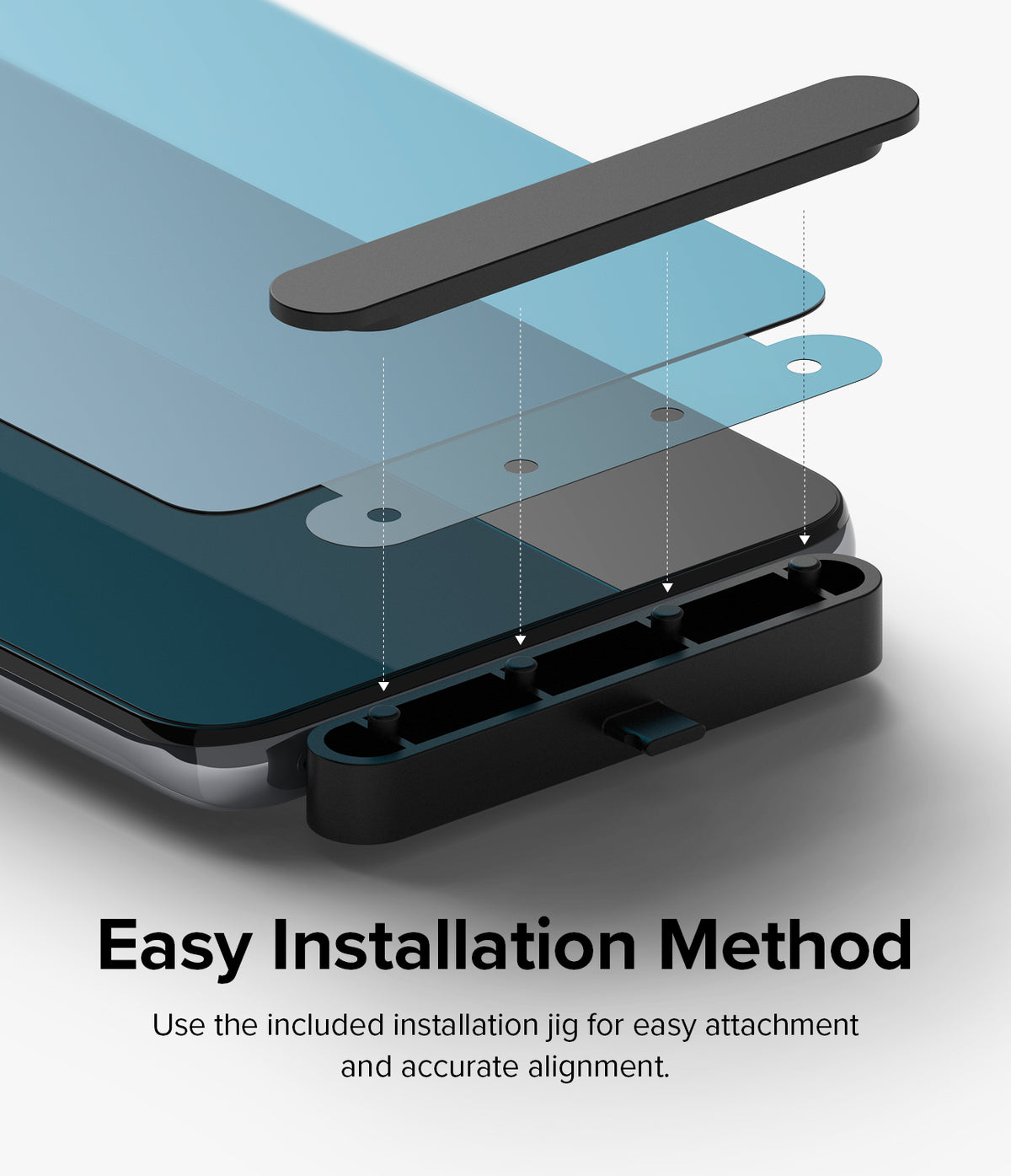 Xiaomi 12T / 12T Pro Screen Protector | Full Cover Glass - Xiaomi 12T / 12T Pro Screen Protector - Exploded view showing a screen protector aligning with a phone using a plastic jig.