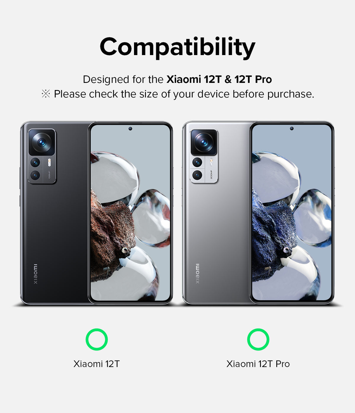 Xiaomi 12T / 12T Pro Screen Protector | Full Cover Glass - Xiaomi 12T / 12T Pro Screen Protector - Black and silver Xiaomi 12T and 12T Pro phones shown with compatibility labels.