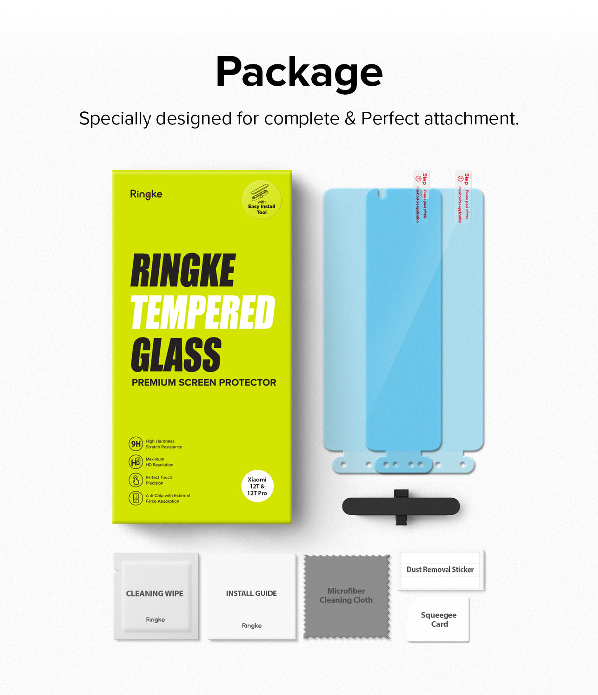 Xiaomi 12T / 12T Pro Screen Protector | Full Cover Glass - Xiaomi 12T / 12T Pro Screen Protector - Ringke tempered glass box, two screen protectors, and installation kit accessories.