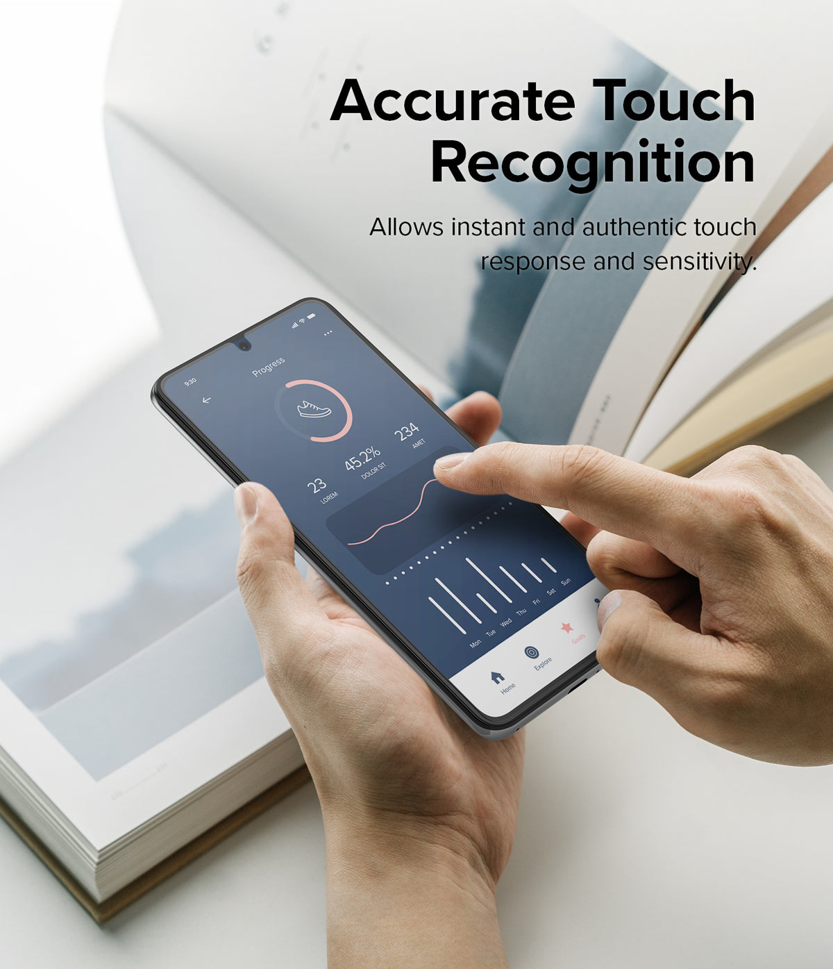 Xiaomi 12T / 12T Pro Screen Protector | Full Cover Glass - Xiaomi 12T / 12T Pro Screen Protector - Hands holding a smartphone with a fitness app interface and touch interaction.