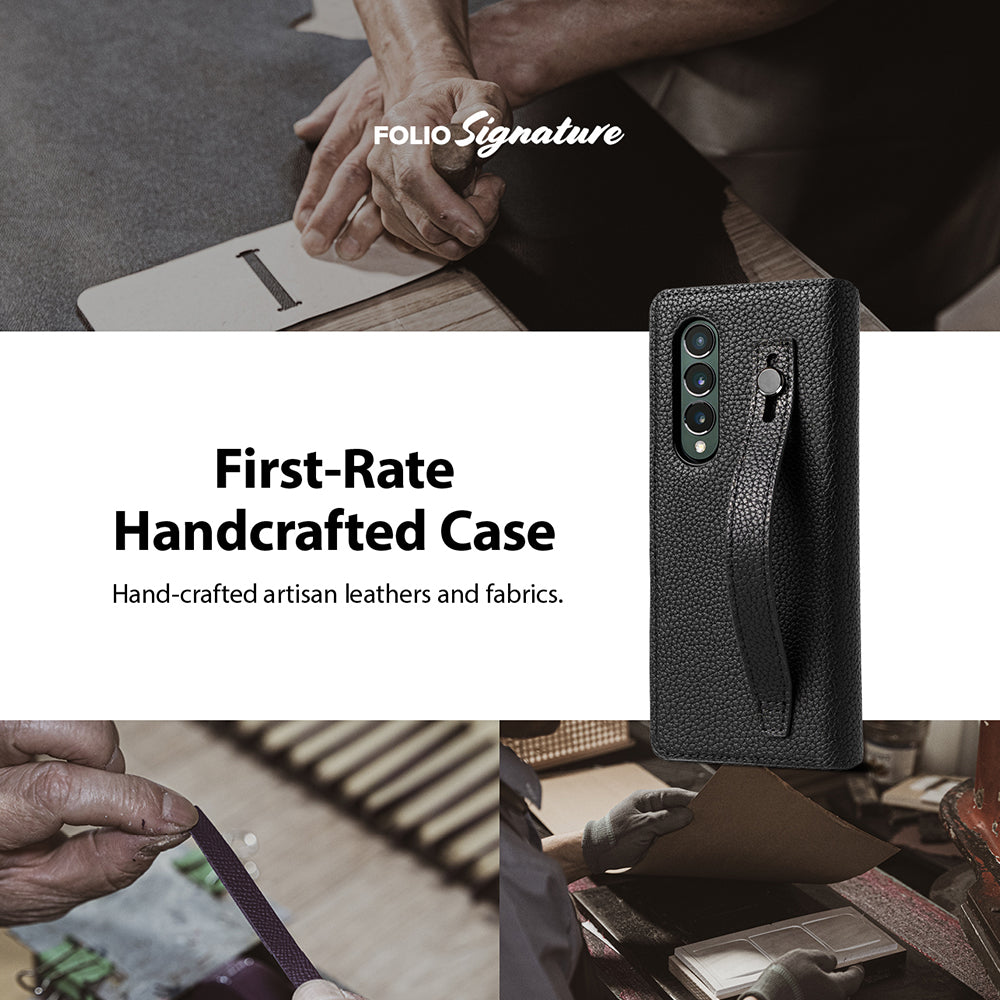 Galaxy Z Fold 3 Case | Folio Signature EZ Strap - Black textured leather phone case with a strap, shown with artisan leatherworking scenes.