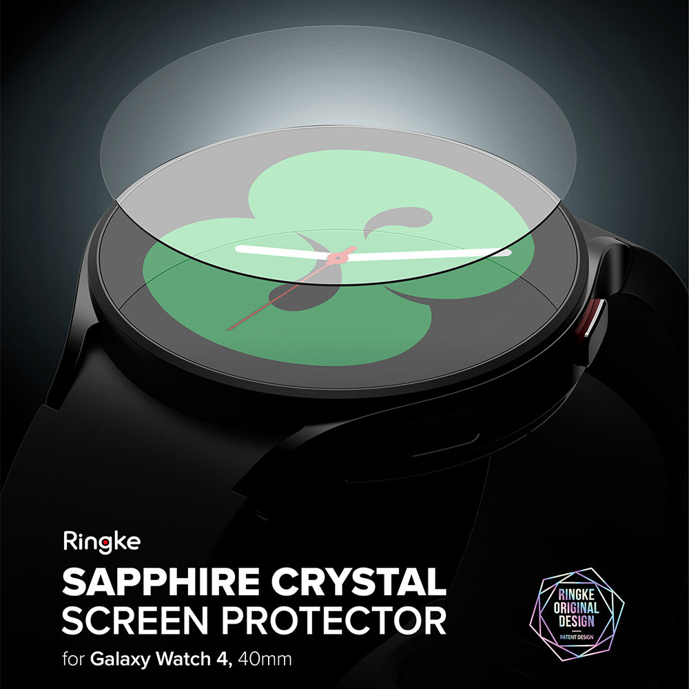 Galaxy Watch 5 / 4 (40mm) Screen Protector | Sapphire Crystal Glass - Galaxy Watch 5 / 4 (40mm) Screen Protector - Transparent glass disc hovering above a black smartwatch with a green face.