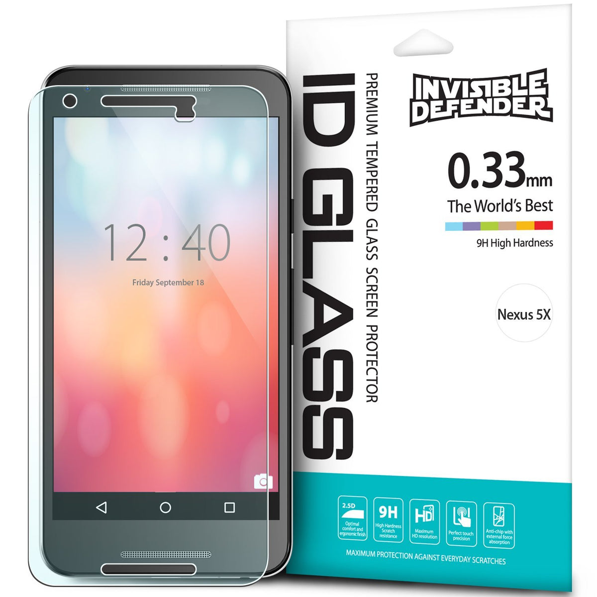 Google Nexus 5X Screen Protector | Glass .33 (1P) - Tempered glass screen protector next to its retail packaging.