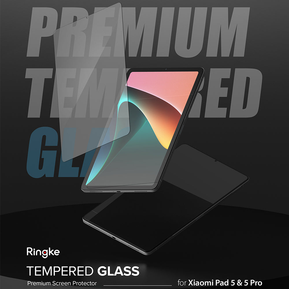 Xiaomi Pad 5 / 5 Pro Screen Protector | Invisible Defender Glass - Xiaomi Pad 5 / 5 Pro Screen Protector - A transparent glass screen protector hovering above a black tablet display.