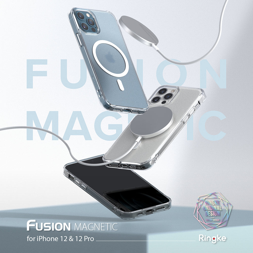 iPhone 12 / 12 Pro Case | Fusion Magnetic - Three clear iPhone cases floating with a magnetic wireless charger.
