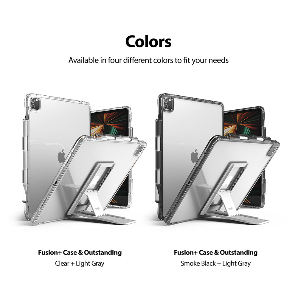 Fusion Plus + Outstanding | iPad - Two iPads in clear and smoke black cases with integrated kickstands on white background.