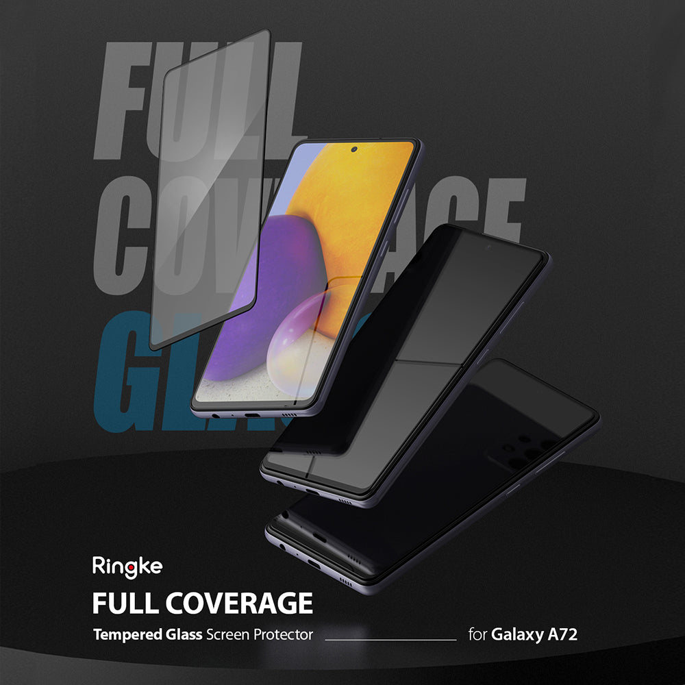 Galaxy A72 Screen Protector | Invisible Defender - Galaxy A72 Screen Protector - Tempered glass screen protector hovering over a Galaxy A72 smartphone against a dark background.
