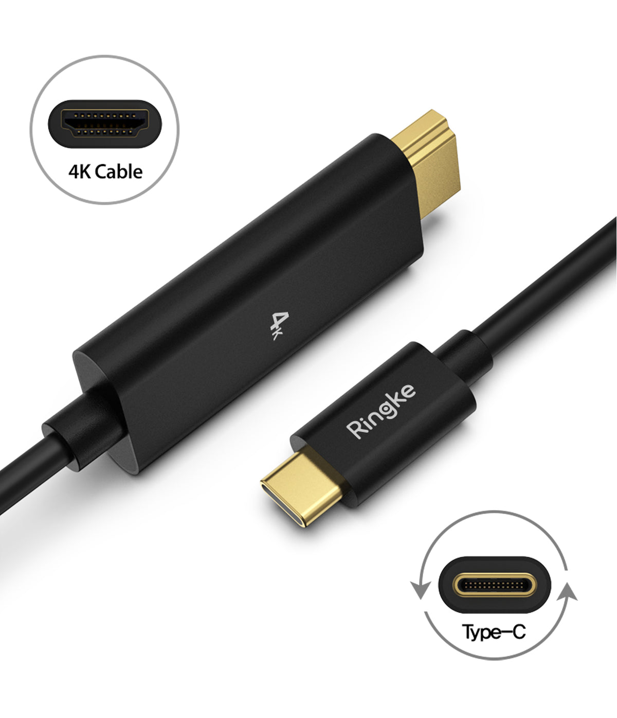 Type C to 4K HDMI Cable - Ringke USB-C to 4K HDMI adapter cable with gold-plated connectors and labeled circular inserts.