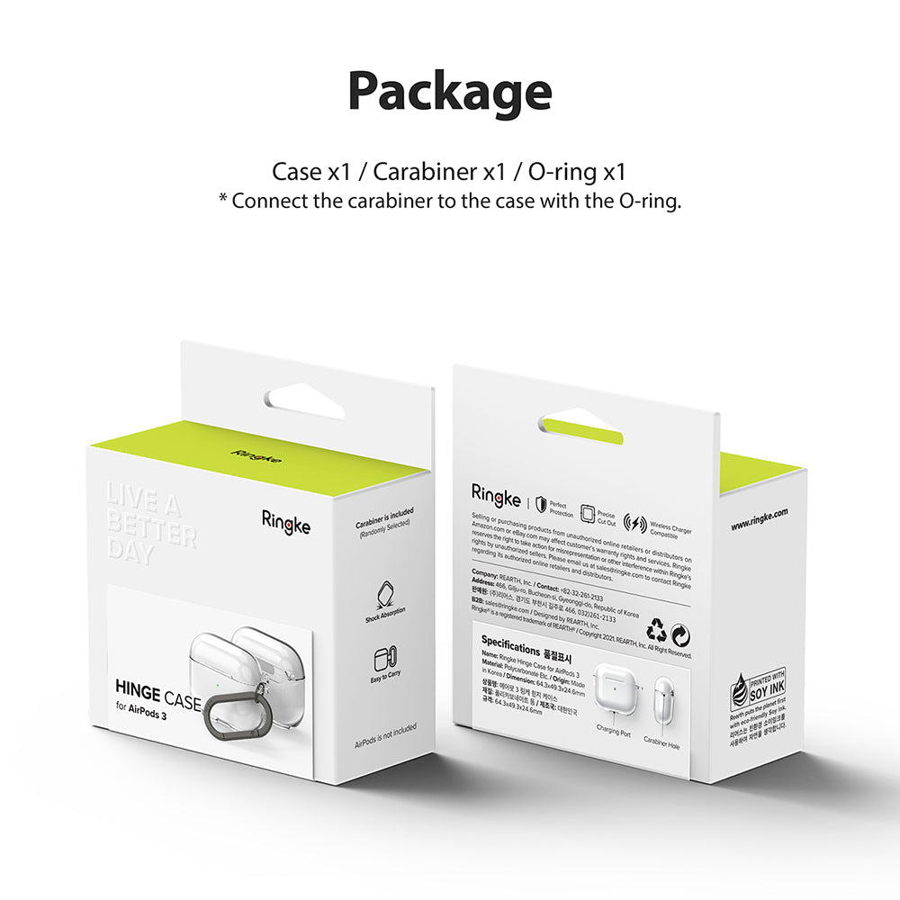 AirPods 3 Case | Hinge - Two white and lime green product boxes for a Ringke AirPods 3 case showing package contents and specs.