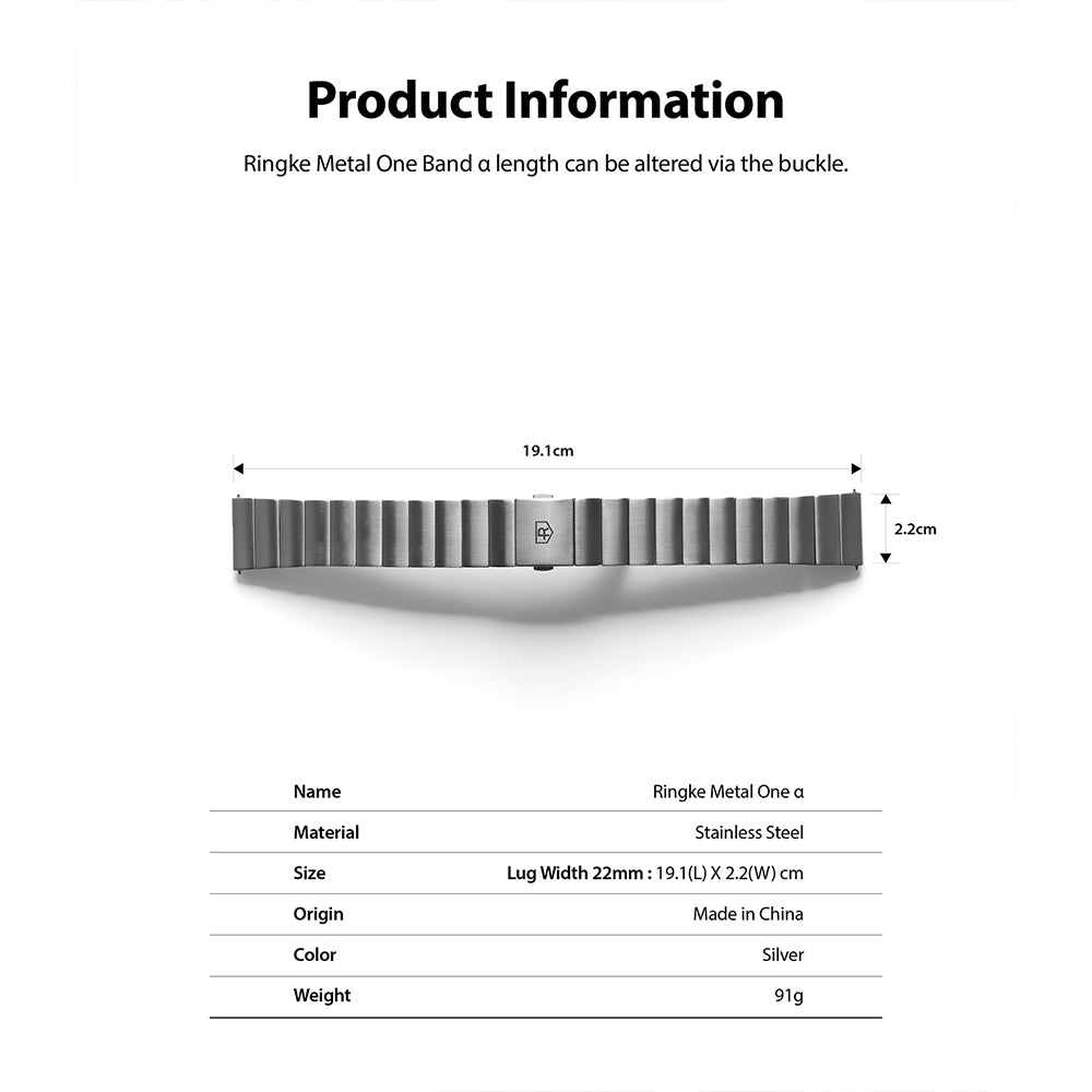 Watch Lug 22mm | Metal One Band α - Silver - Silver stainless steel watch band with dimensions and product specs.