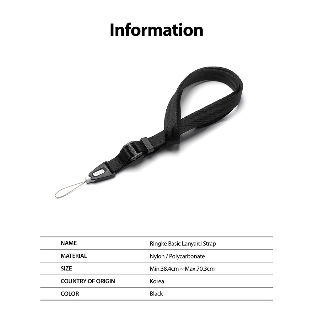 Lanyard Strap | Black - A black nylon lanyard with an adjustable buckle and a thin loop attachment on a white background.
