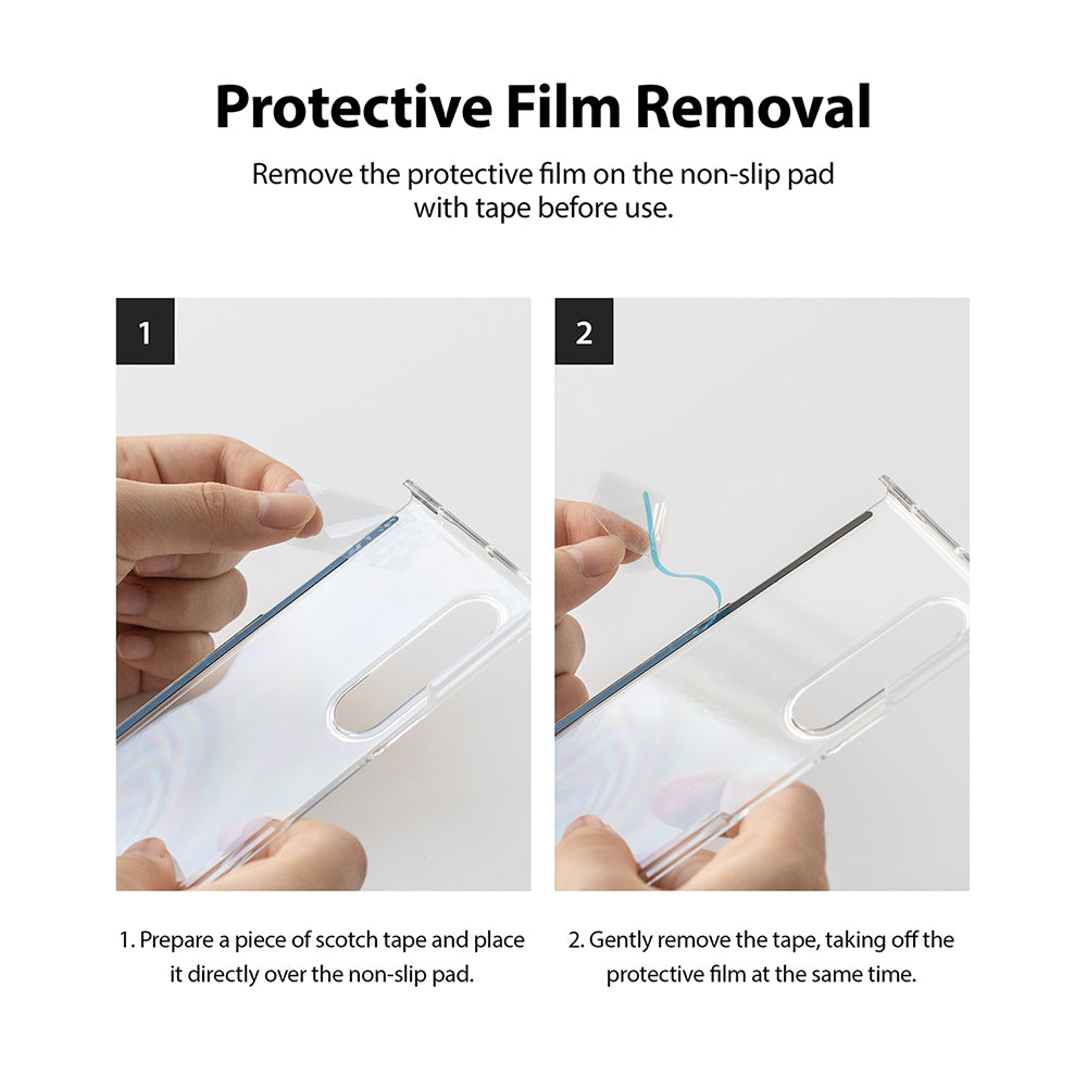 Galaxy Z Fold 3 Case | Folio Signature EZ Strap - Two-step guide showing hands using tape to peel film off a phone case.