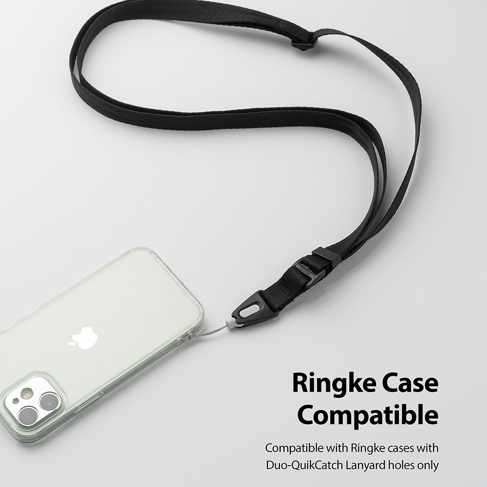 Lanyard Strap | Black - A black adjustable lanyard strap attached to a clear smartphone case on a light gray background.
