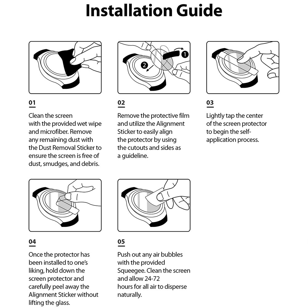 Galaxy Watch 5 / 4 (40mm) Screen Protector | Sapphire Crystal Glass - Galaxy Watch 5 / 4 (40mm) Screen Protector - Five-step illustrated guide showing how to clean, align, and apply the glass.