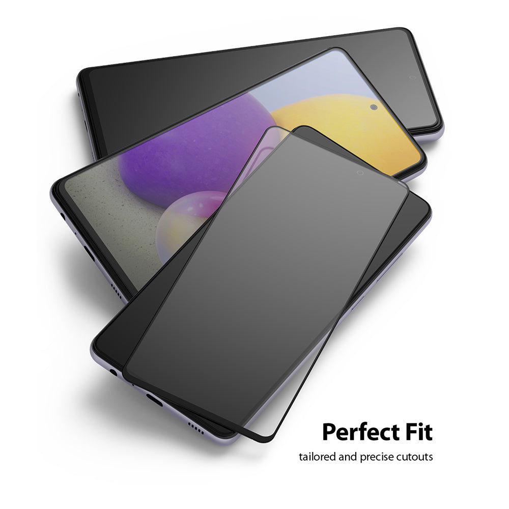 Galaxy A72 Screen Protector | Invisible Defender - Galaxy A72 Screen Protector - Transparent glass screen protector hovering over a Galaxy A72 smartphone on white background.