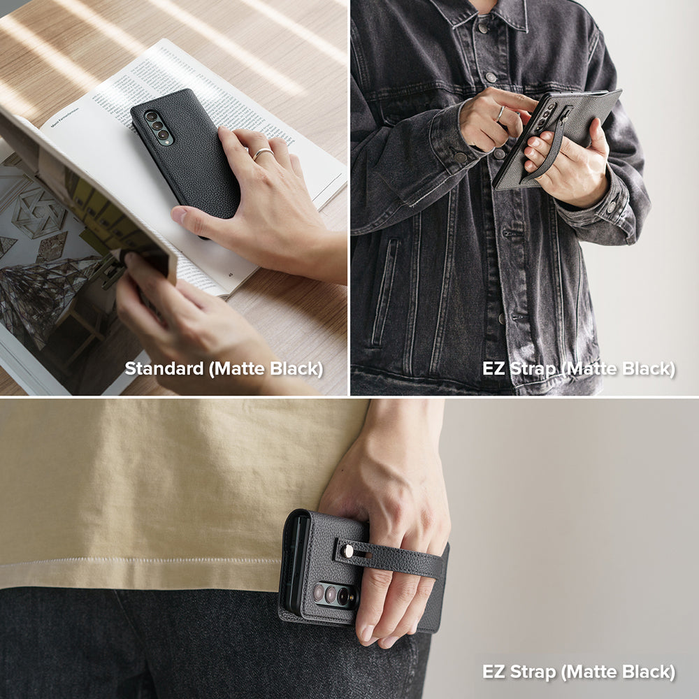 Galaxy Z Fold 3 Case | Folio Signature EZ Strap - Matte black textured cases shown in standard and strap configurations.