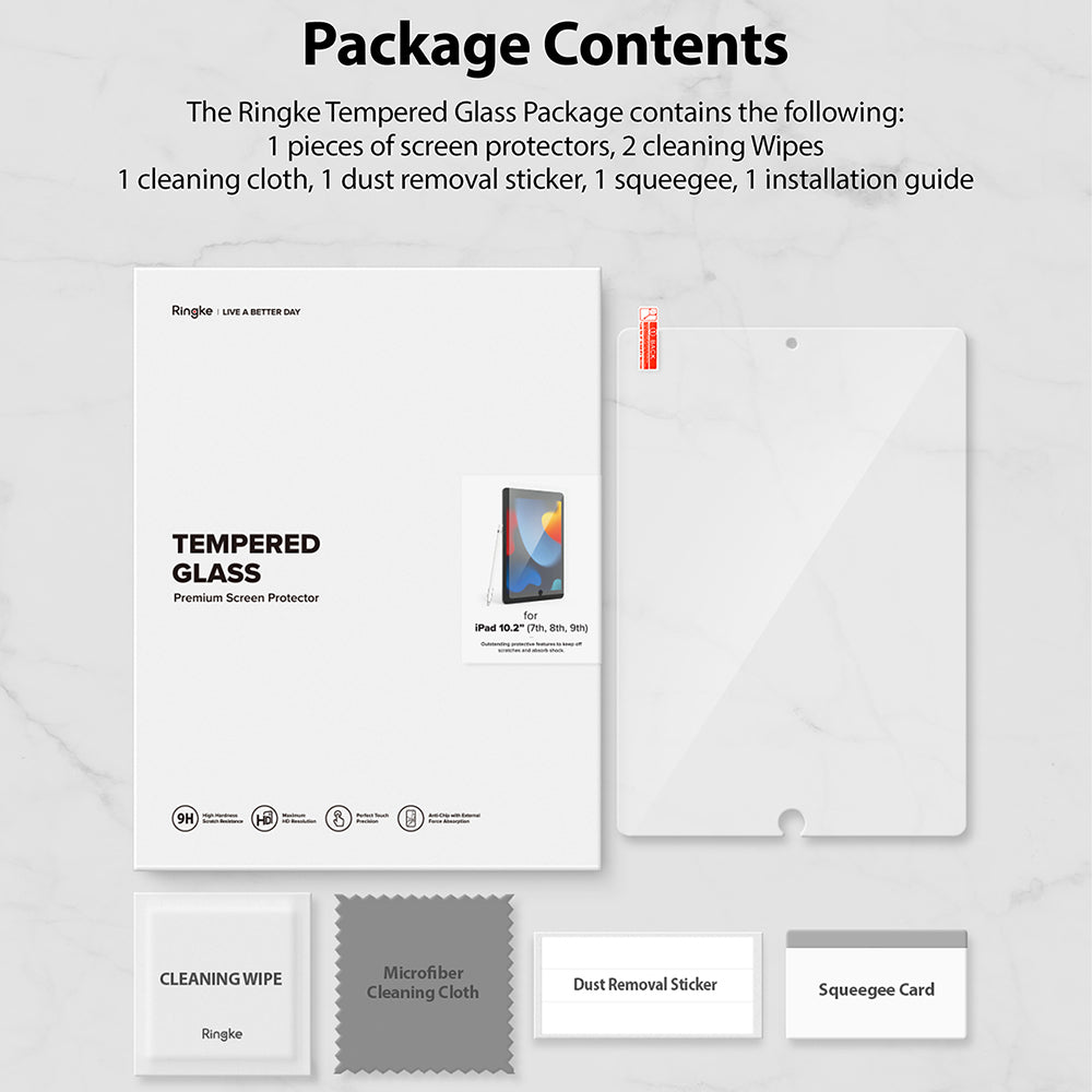 Tempered Glass | iPad - Ringke screen protector kit with glass, cleaning wipes, cloth, dust sticker, and squeegee on marble.